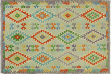 Flat Weave Kilim, Antique, Navaho, Vintage, Handmade, Geometric Kilim Blue Rust Hand-Woven Rectangle 100% Wool Area Rug 5 x 6